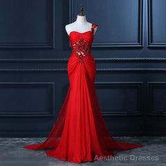 One Shoulder Prom Dress With Beaded Flowers, Unique Red Prom Gowns, Mermaid Chiffon Prom Dress With Cut-out