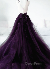 Dark Purple Tulle With Lace Applique Long Wedding Party Dresses, Purple Formal Dresses