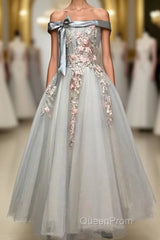Light Grey Tulle Off Shoulder Flower Lace A Line Evening Prom Dresses