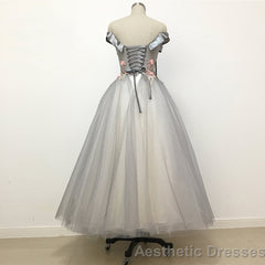 Light Grey Tulle Off Shoulder Flower Lace A Line Prom Dresses