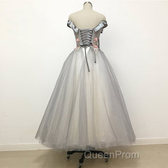 Light Grey Tulle Off Shoulder Flower Lace A Line Evening Prom Dresses