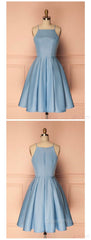 Sky Blue A Line Satin Blue Spaghetti Straps Short Evening Prom Dresses