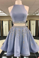 Stylish Two Piece A Line Jewel Sleeveless Short With Beading Prom Dresses