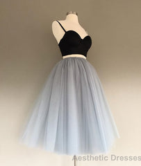 Two Pieces Black And Silver Short Sexy Spaghrtti Strap A Line Prom Dresses