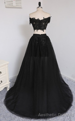Two Pieces A-line V-neck Cap Sleeves Tulle Lace Slit Long Women Prom Dresses Prom Evening Gown
