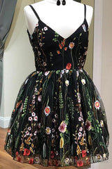 Unique Spaghetti Straps With Appliques Floral Short Prom Dresses