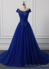 Long Neck Appliqued Wedding Dress Royal Blue Wedding Party Dresses