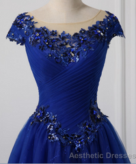 Long Neck Appliqued Wedding Dress Royal Blue Wedding Party Dresses
