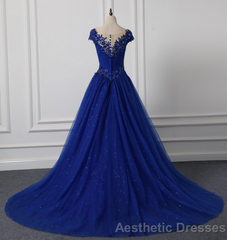 Long Neck Appliqued Wedding Dress Royal Blue Wedding Party Dresses