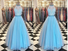 Prety Halter Long Lace Tulle Beding Light Blue For Teens Elegant Evening Prom Dresses