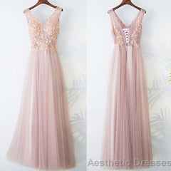 Pink Long A Line Simple Lace Up Prom Dresses