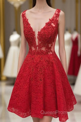 Cute Red Lace Appliques Short V Neck Sleeveless Mini Dc14 Evening Prom Dresses