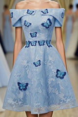 Sky Blue Off Shoulder Lace Short Lace With Butterfly Appliques A Line Off The Shoulder Dc51 Evening Prom Dresses
