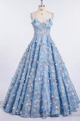 Princess Spaghetti Strap 3D Flower Applique Sky Blue Prom Dresses