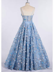 Princess Spaghetti Strap 3D Flower Applique Sky Blue Prom Dresses