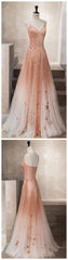 Unique champagne tulle long tulle Evening Dresses
