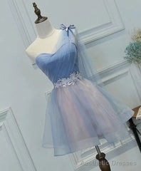 One Shoulder Tulle Sweetheart Short Blue Homecoming Dresses