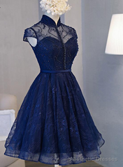 Beautiful Navy Blue Knee Length Lace Party Dress, Homecoming Dress