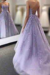Lavender Backless Tulle Lace Long Evening Prom Dresses