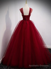 Burgundy Sweetheart Tulle Long Prom Dress, Burgundy Evening Dress