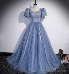 Blue Tulle Long Prom Dress, A Line Evening Gown