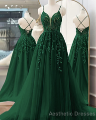 Spaghetti Strap Green Prom Dresses Lace Applique A Line Elegant Prom Gown Pageant Dresses For Women