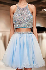 Two Pieces Light Blue Short High Neck Open Back Rhinestones Mid Section Sky Blue Evening Prom Dresses