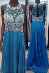 High Neck See Through O Back Dark Blue Chiffon Long Open Back Beaded Crystal A Line Bodice Sexy Evening Prom Dresses