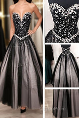 Black White Tulle Long Sweetheart Beaded Bodice For Teens Juniors Evening Prom Dresses