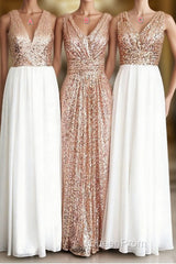 Rose Gold Sequin White Chiffon V Neck Sexy Long Elegant Simple Evening Prom Dresses