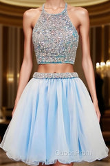 2024 Beautiful Short Two Pieces Light Sky Blue Halter Open Back For Teens Evening Prom Dresses