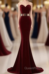 Sweetheart Simple Long Mermaid Burgundy Elegant Modest Evening Prom Dresses