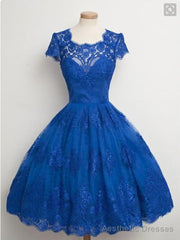 Lace Cap Sleeves Junior Blue Homecoming Dresses