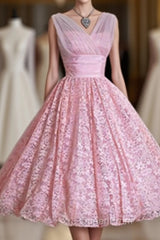 V Neck Lace High Low A Line Vintage Cheap Cute Short Evening Prom Dresses