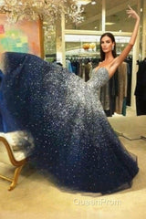 A Line Navy Blue Beading Tulle Evening Prom Dresses