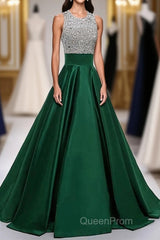 Satin Green Modest Beading Long For Teens Evening Prom Dresses