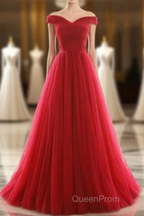 Off The Shoulder Red A Line Pleated Long Red Evening Prom Dresses
