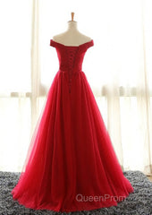 Off The Shoulder Red A Line Pleated Long Red Evening Prom Dresses