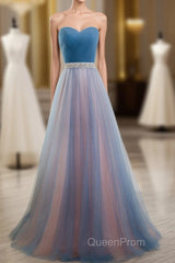 Sweetheart Blue Peach Tulle Strapless Long Pleated Sexy A Line With Beads Sashes Evening Prom Dresses