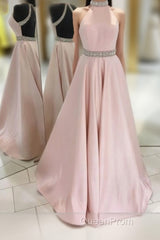 Pink Backless Halter Simple Handmade Plus Size Elegant Evening Prom Dresses