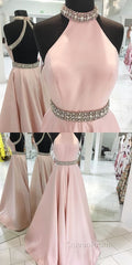 Pink Backless Halter Simple Handmade Plus Size Elegant Evening Prom Dresses
