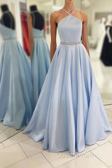 Backless Beading Spaghetti Straps A Line Light Blue Long Evening Prom Dresses