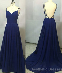 Simple A Line Spaghetti Straps Backless Royal Blue Long Prom Dresses