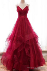 2025 A Line Red Sweetheart Tulle Layered Long Prom Dresses