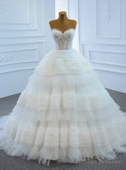 Prom Season White Ball Gown Tulle Sweetheart Pleats Tiers Wedding Dress