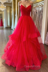Puffy Red Tulle V Neck Long Evening Prom Dresses, V Neck Red Formal Dresses, Red Evening Dresses