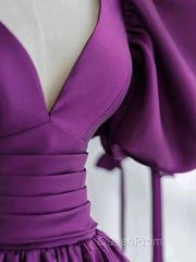Puffy Sleeve Backless Satin Purple Backless Evening Prom Dresses