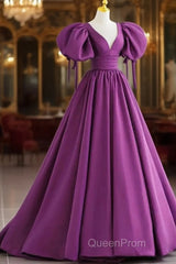 Puffy Sleeve Backless Satin Purple Backless Evening Prom Dresses