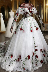 Puffy Long Sleeves Off the Shoulder Lace Tulle Evening Prom Dresses with Appliques