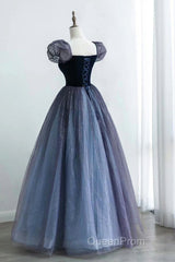 Purple A-Line Tulle Long Evening Prom Dresses, Purple Formal Dresses